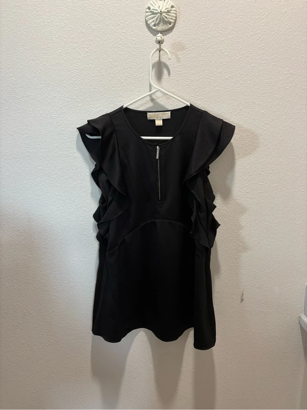 Michael Kors Black Ruffle Sleeve Zip-Front Blouse